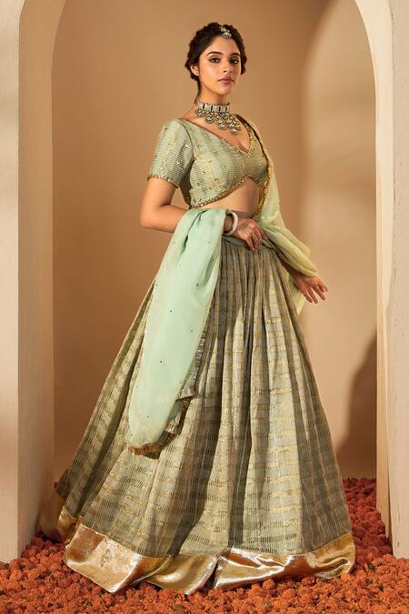 Roohbyridhimaa_Green Organza, Gota Patti, Sequins, Sage Stripe Lehenga Set _Online_at_Aza_Fashions
