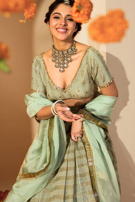 Buy_Roohbyridhimaa_Green Organza, Gota Patti, Sequins, Sage Stripe Lehenga Set _Online_at_Aza_Fashions