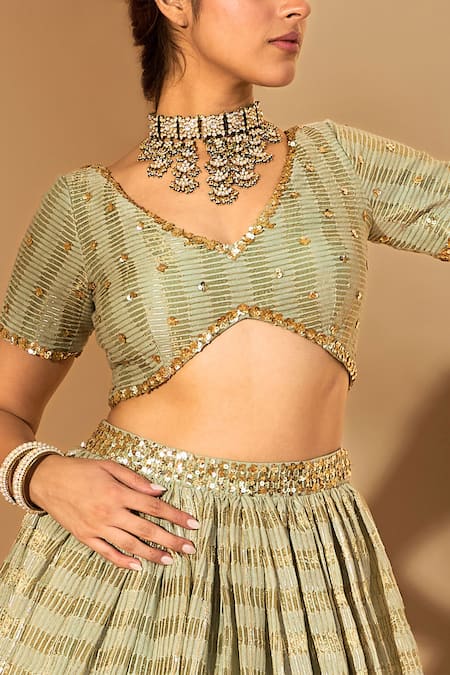 Roohbyridhimaa_Green Organza, Gota Patti, Sequins, Sage Stripe Lehenga Set _at_Aza_Fashions