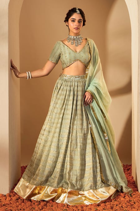 Buy_Roohbyridhimaa_Green Organza, Gota Patti, Sequins, Sage Stripe Lehenga Set 