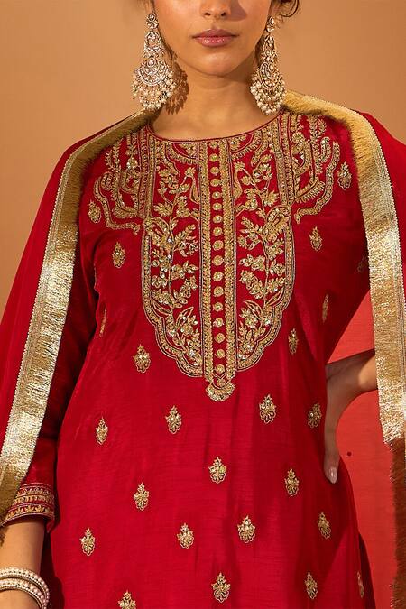 Shop_Roohbyridhimaa_Red Silk Organza, Viscose Sequins, Gota Patti, Thread Embroidered Kurta Set _Online_at_Aza_Fashions