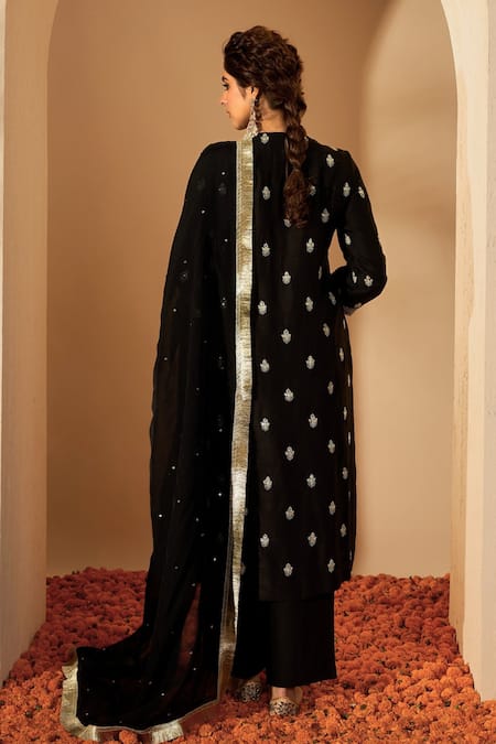 Shop_Roohbyridhimaa_Black Silk Organza, Viscose Sequins, Gota Patti, Zari Embroidered Kurta Set _at_Aza_Fashions