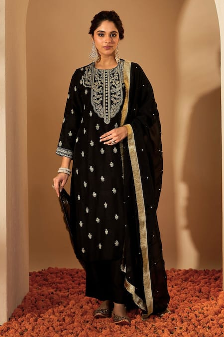 Roohbyridhimaa_Black Silk Organza, Viscose Sequins, Gota Patti, Zari Embroidered Kurta Set _Online_at_Aza_Fashions
