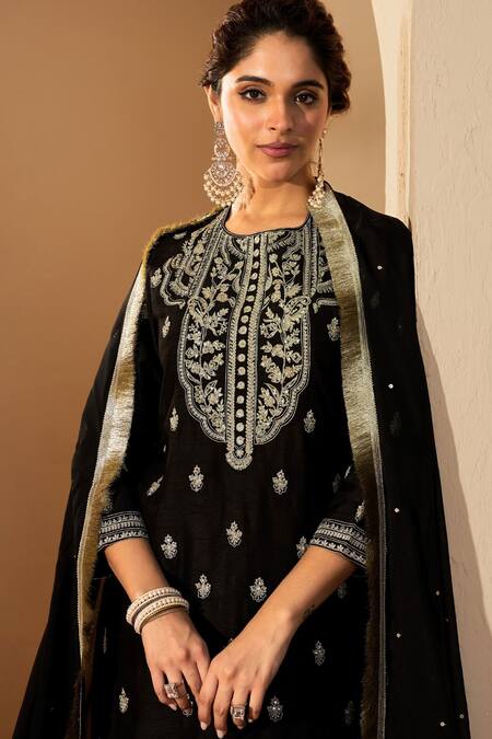 Shop_Roohbyridhimaa_Black Silk Organza, Viscose Sequins, Gota Patti, Zari Embroidered Kurta Set _Online_at_Aza_Fashions