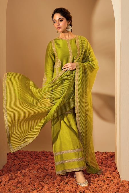 Roohbyridhimaa_Green Chanderi, Viscose Zari, Sequins, Embroidery Round Neck Kurta Set _Online_at_Aza_Fashions