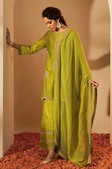 Shop_Roohbyridhimaa_Green Chanderi, Viscose Zari, Sequins, Embroidery Round Neck Kurta Set _Online_at_Aza_Fashions