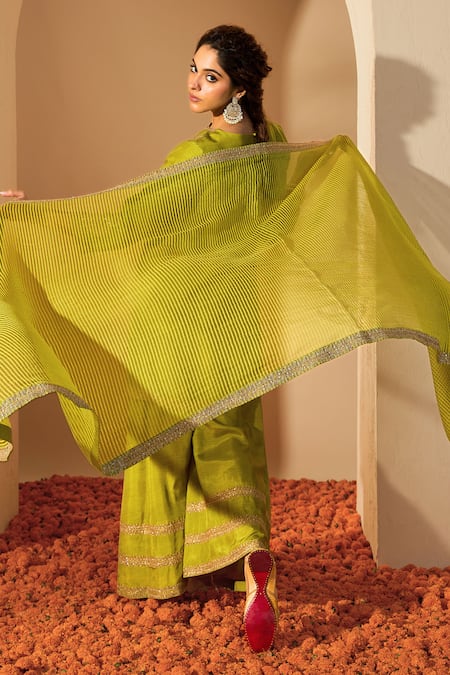 Roohbyridhimaa_Green Chanderi, Viscose Zari, Sequins, Embroidery Round Neck Kurta Set _at_Aza_Fashions