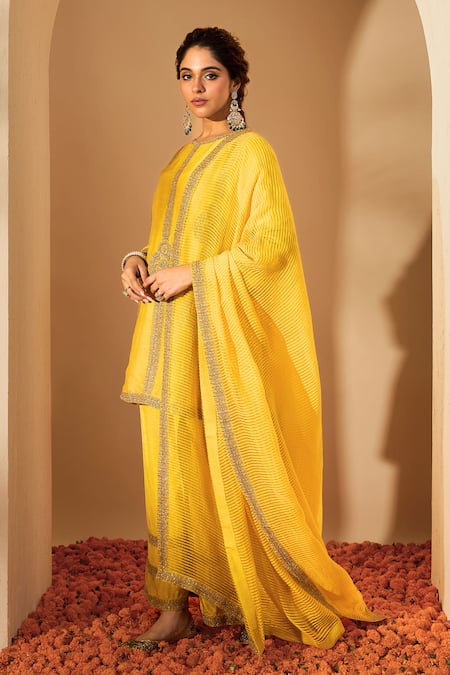 Roohbyridhimaa Yellow Chanderi, Viscose Zari, Sequins, Embroidery Round Neck Mustard Kurta Set Online at Aza Fashions Roohbyridhimaa_Yellow Chanderi, Viscose Zari, Sequins, Embroidery Round Neck Mustard Kurta Set _Online_at_Aza_Fashions