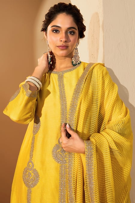 Buy Roohbyridhimaa Yellow Chanderi, Viscose Zari, Sequins, Embroidery Round Neck Mustard Kurta Set Online at Aza Fashions Buy_Roohbyridhimaa_Yellow Chanderi, Viscose Zari, Sequins, Embroidery Round Neck Mustard Kurta Set _Online_at_Aza_Fashions