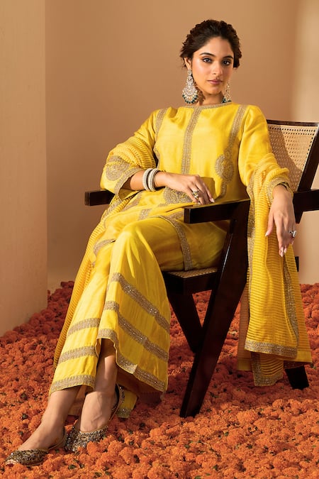 Shop Roohbyridhimaa Yellow Chanderi, Viscose Zari, Sequins, Embroidery Round Neck Mustard Kurta Set Online at Aza Fashions Shop_Roohbyridhimaa_Yellow Chanderi, Viscose Zari, Sequins, Embroidery Round Neck Mustard Kurta Set _Online_at_Aza_Fashions