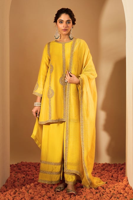 Roohbyridhimaa Yellow Chanderi, Viscose Zari, Sequins, Embroidery Round Neck Mustard Kurta Set at Aza Fashions Roohbyridhimaa_Yellow Chanderi, Viscose Zari, Sequins, Embroidery Round Neck Mustard Kurta Set _at_Aza_Fashions