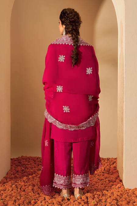 Shop_Roohbyridhimaa_Fuchsia Silk Organza Zari, Sequins, Embroidery V-neck Kurta Set _at_Aza_Fashions