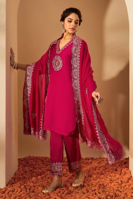 Roohbyridhimaa_Fuchsia Silk Organza Zari, Sequins, Embroidery V-neck Kurta Set _Online_at_Aza_Fashions
