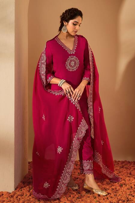 Shop_Roohbyridhimaa_Fuchsia Silk Organza Zari, Sequins, Embroidery V-neck Kurta Set _Online_at_Aza_Fashions