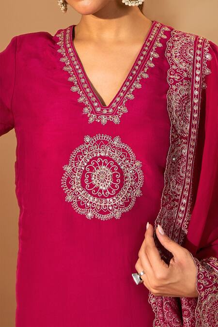 Shop_Roohbyridhimaa_Fuchsia Silk Organza Zari, Sequins, Embroidery V-neck Kurta Set 