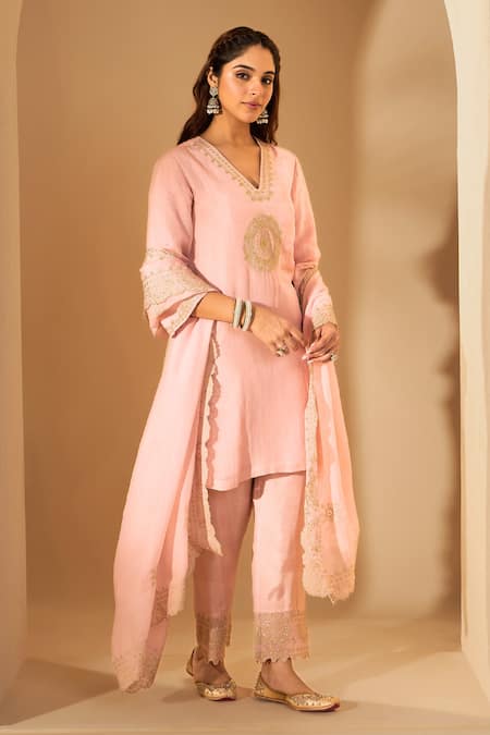 Shop_Roohbyridhimaa_Pink Silk Organza Sequins, Zari, Embroidery V-neck Pastel Kurta Set _Online_at_Aza_Fashions