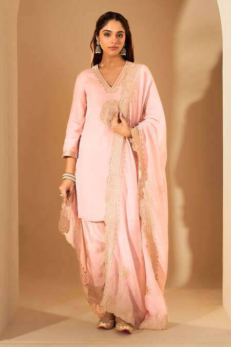 Roohbyridhimaa_Pink Silk Organza Sequins, Zari, Embroidery V-neck Pastel Kurta Set _at_Aza_Fashions