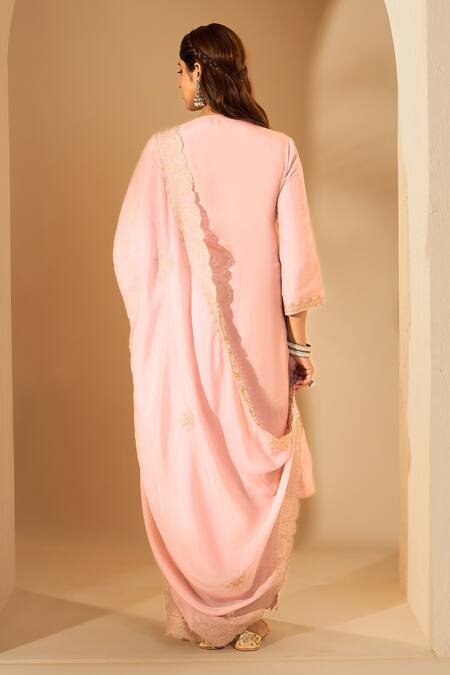 Shop_Roohbyridhimaa_Pink Silk Organza Sequins, Zari, Embroidery V-neck Pastel Kurta Set _at_Aza_Fashions