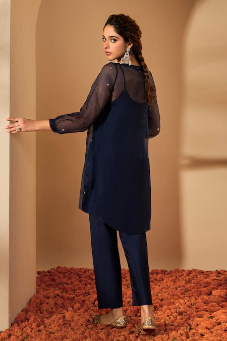 Shop_Roohbyridhimaa_Blue Organza, Viscose, Sequins, Embroidery Bandeau Navy Kurta Set _at_Aza_Fashions