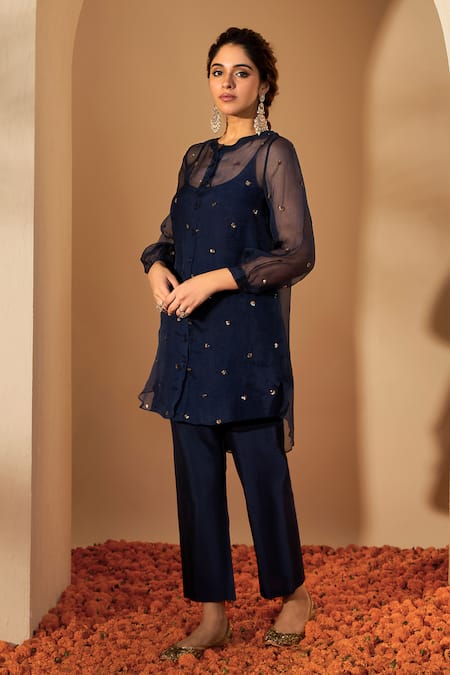 Roohbyridhimaa_Blue Organza, Viscose, Sequins, Embroidery Bandeau Navy Kurta Set _Online_at_Aza_Fashions