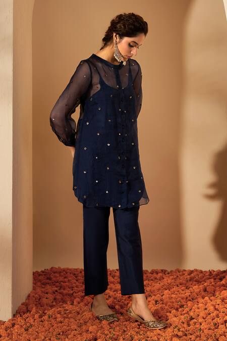 Buy_Roohbyridhimaa_Blue Organza, Viscose, Sequins, Embroidery Bandeau Navy Kurta Set _Online_at_Aza_Fashions