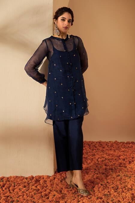 Shop_Roohbyridhimaa_Blue Organza, Viscose, Sequins, Embroidery Bandeau Navy Kurta Set _Online_at_Aza_Fashions