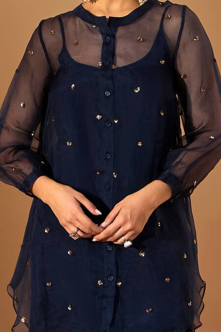 Roohbyridhimaa_Blue Organza, Viscose, Sequins, Embroidery Bandeau Navy Kurta Set _at_Aza_Fashions