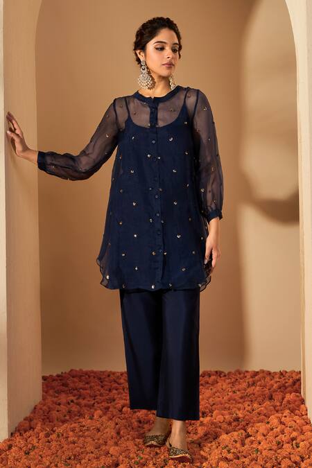 Buy_Roohbyridhimaa_Blue Organza, Viscose, Sequins, Embroidery Bandeau Navy Kurta Set 