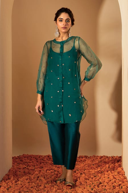 Roohbyridhimaa_Green Organza, Viscose, Sequins, Embroidery Pine Kurta Set _at_Aza_Fashions