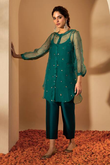 Buy_Roohbyridhimaa_Green Organza, Viscose, Sequins, Embroidery Pine Kurta Set 
