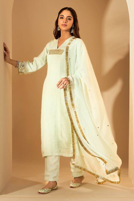 Roohbyridhimaa Green Chiffon Sequins, Gota Patti V-neck Pastel Embroidered Kurta Set Online at Aza Fashions Roohbyridhimaa_Green Chiffon Sequins, Gota Patti V-neck Pastel Embroidered Kurta Set _Online_at_Aza_Fashions