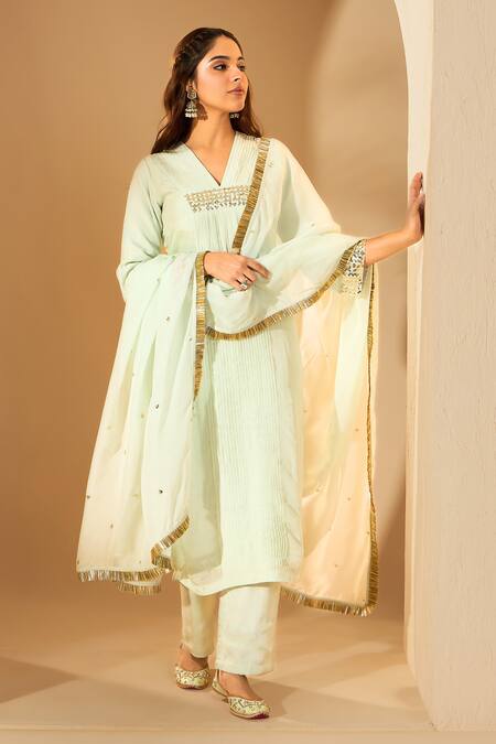 Buy Roohbyridhimaa Green Chiffon Sequins, Gota Patti V-neck Pastel Embroidered Kurta Set Buy_Roohbyridhimaa_Green Chiffon Sequins, Gota Patti V-neck Pastel Embroidered Kurta Set