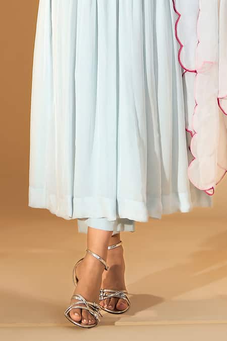 Buy_Roohbyridhimaa_Blue Organza, Silk Pearls, Embroidery V-neck Powder Resham Anarkali Set _Online_at_Aza_Fashions