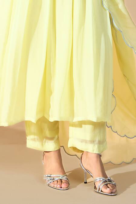 Roohbyridhimaa Yellow Organza, Silk Pearls, Diamonds, Embroidery V-neck Dori Anarkali Pant Set Online at Aza Fashions Roohbyridhimaa_Yellow Organza, Silk Pearls, Diamonds, Embroidery V-neck Dori Anarkali Pant Set _Online_at_Aza_Fashions