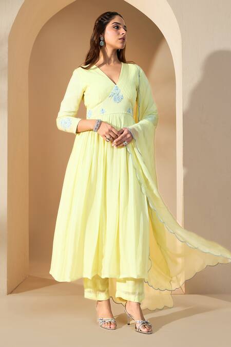 Buy Roohbyridhimaa Yellow Organza, Silk Pearls, Diamonds, Embroidery V-neck Dori Anarkali Pant Set Online at Aza Fashions Buy_Roohbyridhimaa_Yellow Organza, Silk Pearls, Diamonds, Embroidery V-neck Dori Anarkali Pant Set _Online_at_Aza_Fashions
