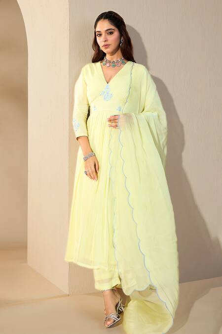 Roohbyridhimaa Yellow Organza, Silk Pearls, Diamonds, Embroidery V-neck Dori Anarkali Pant Set at Aza Fashions Roohbyridhimaa_Yellow Organza, Silk Pearls, Diamonds, Embroidery V-neck Dori Anarkali Pant Set _at_Aza_Fashions