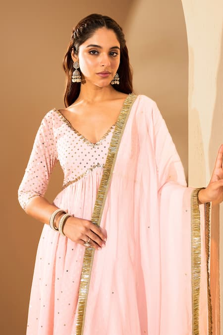 Roohbyridhimaa Pink Silk Organza, Georgette Sequins, Zari Pastel Embroidered Anarkali Set Online at Aza Fashions Roohbyridhimaa_Pink Silk Organza, Georgette Sequins, Zari Pastel Embroidered Anarkali Set _Online_at_Aza_Fashions