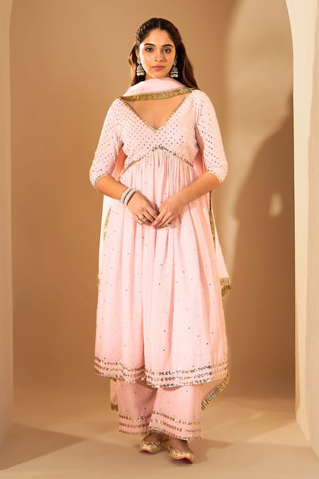 Shop Roohbyridhimaa Pink Silk Organza, Georgette Sequins, Zari Pastel Embroidered Anarkali Set Online at Aza Fashions Shop_Roohbyridhimaa_Pink Silk Organza, Georgette Sequins, Zari Pastel Embroidered Anarkali Set _Online_at_Aza_Fashions