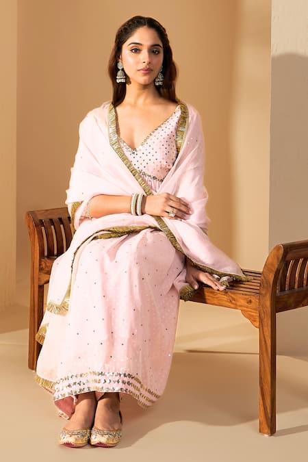 Buy Roohbyridhimaa Pink Silk Organza, Georgette Sequins, Zari Pastel Embroidered Anarkali Set Buy_Roohbyridhimaa_Pink Silk Organza, Georgette Sequins, Zari Pastel Embroidered Anarkali Set