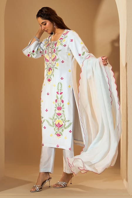 Roohbyridhimaa_Blue Organza, Viscose Embroidery Square Neck Powder Resham Kurta Set _Online_at_Aza_Fashions