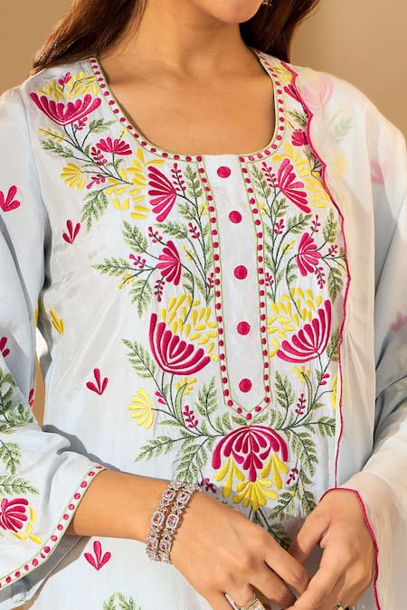 Shop_Roohbyridhimaa_Blue Organza, Viscose Embroidery Square Neck Powder Resham Kurta Set _Online_at_Aza_Fashions