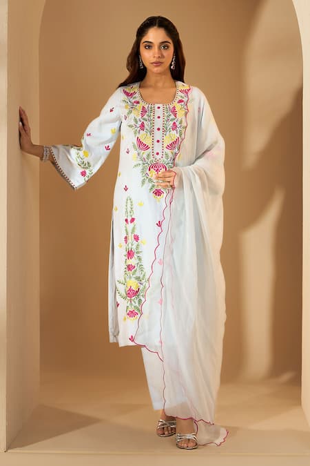 Buy_Roohbyridhimaa_Blue Organza, Viscose Embroidery Square Neck Powder Resham Kurta Set 