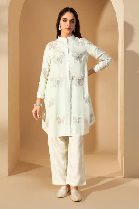 Buy Roohbyridhimaa Green Viscose Embroidery Collared Powder Butterfly Kurta Set Online at Aza Fashions Buy_Roohbyridhimaa_Green Viscose Embroidery Collared Powder Butterfly Kurta Set _Online_at_Aza_Fashions