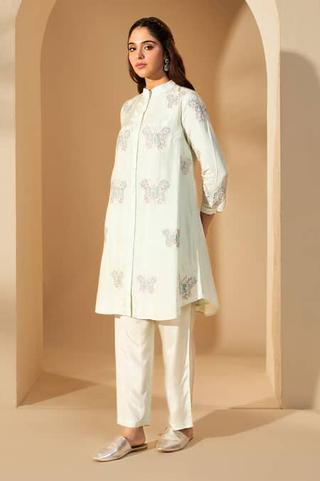 Shop Roohbyridhimaa Green Viscose Embroidery Collared Powder Butterfly Kurta Set Online at Aza Fashions Shop_Roohbyridhimaa_Green Viscose Embroidery Collared Powder Butterfly Kurta Set _Online_at_Aza_Fashions