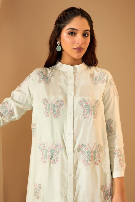 Buy Roohbyridhimaa Green Viscose Embroidery Collared Powder Butterfly Kurta Set Buy_Roohbyridhimaa_Green Viscose Embroidery Collared Powder Butterfly Kurta Set