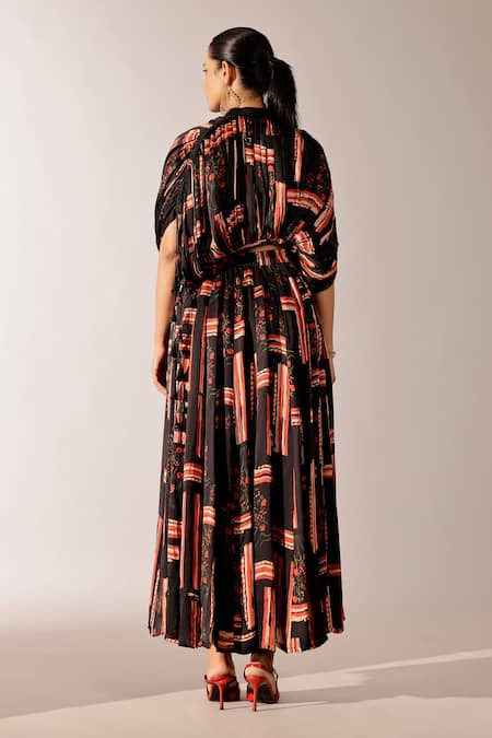 Shop Studio Surbhi Black Georgette Mandarin Collar, Sweetheart Neck Abstract Print Jacket Skirt Set at Aza Fashions Shop_Studio Surbhi_Black Georgette Mandarin Collar, Sweetheart Neck Abstract Print Jacket Skirt Set _at_Aza_Fashions