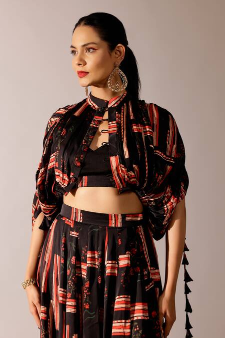 Studio Surbhi Black Georgette Mandarin Collar, Sweetheart Neck Abstract Print Jacket Skirt Set Online at Aza Fashions Studio Surbhi_Black Georgette Mandarin Collar, Sweetheart Neck Abstract Print Jacket Skirt Set _Online_at_Aza_Fashions