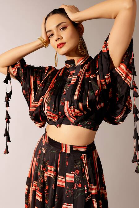 Buy Studio Surbhi Black Georgette Mandarin Collar, Sweetheart Neck Abstract Print Jacket Skirt Set Online at Aza Fashions Buy_Studio Surbhi_Black Georgette Mandarin Collar, Sweetheart Neck Abstract Print Jacket Skirt Set _Online_at_Aza_Fashions