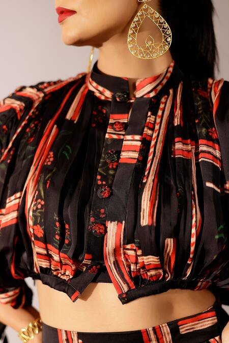 Shop Studio Surbhi Black Georgette Mandarin Collar, Sweetheart Neck Abstract Print Jacket Skirt Set Online at Aza Fashions Shop_Studio Surbhi_Black Georgette Mandarin Collar, Sweetheart Neck Abstract Print Jacket Skirt Set _Online_at_Aza_Fashions