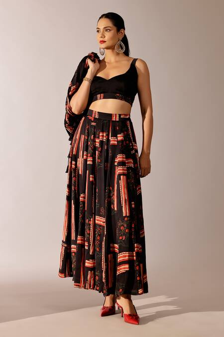 Studio Surbhi Black Georgette Mandarin Collar, Sweetheart Neck Abstract Print Jacket Skirt Set at Aza Fashions Studio Surbhi_Black Georgette Mandarin Collar, Sweetheart Neck Abstract Print Jacket Skirt Set _at_Aza_Fashions